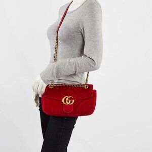 Gucci Red Quilted Velvet GG Small Marmont Shoulder Bag